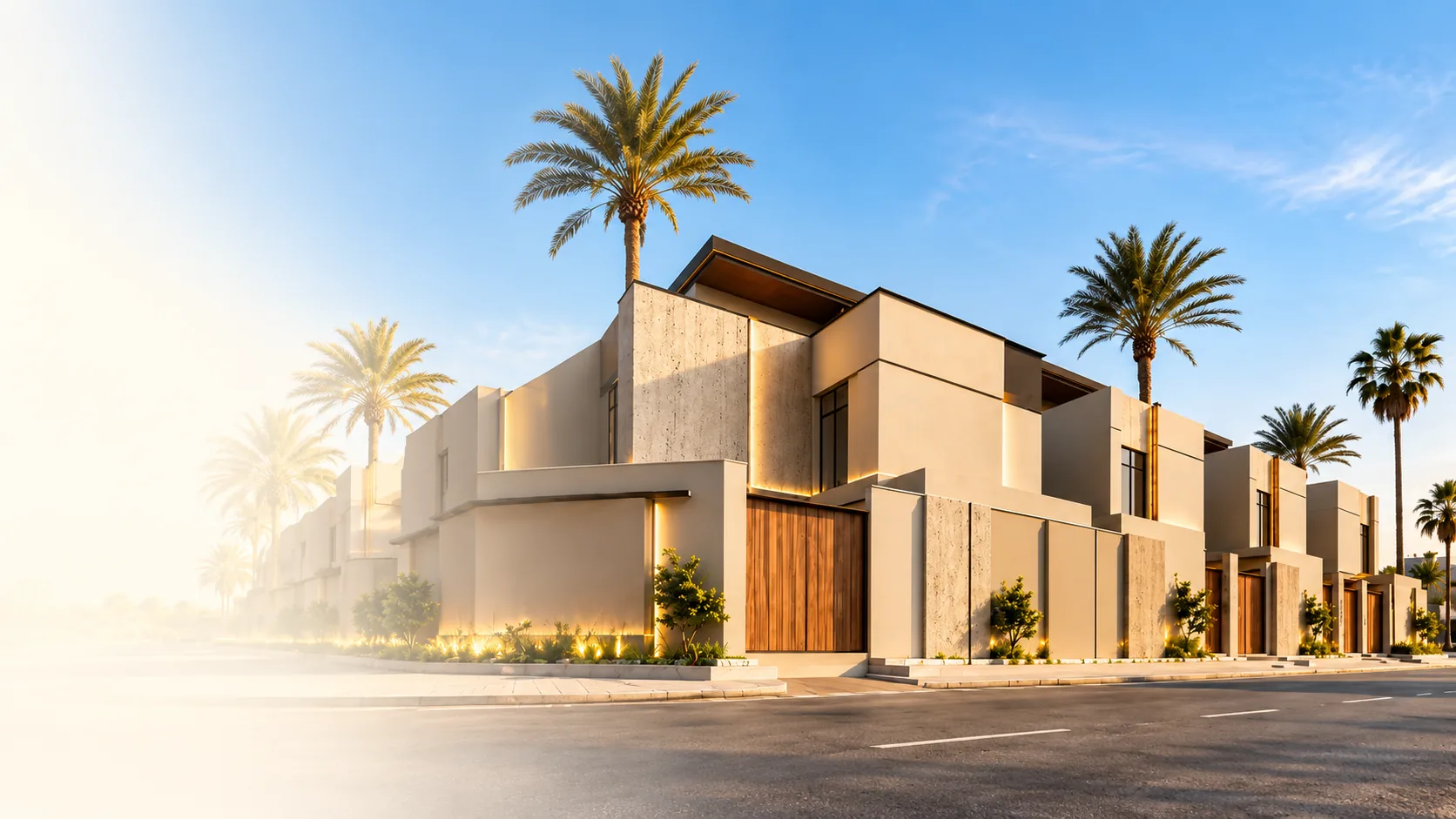 واجهة فلل سكنية حديثة في المنطقة الشرقية عند الغروب